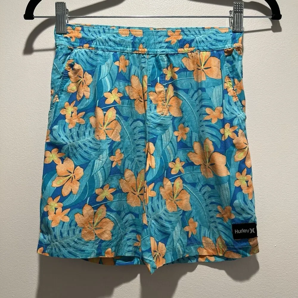 Hurley Boys swim Trunks, Blue With Teal Foliage And Orange‎ Florals, Size 7